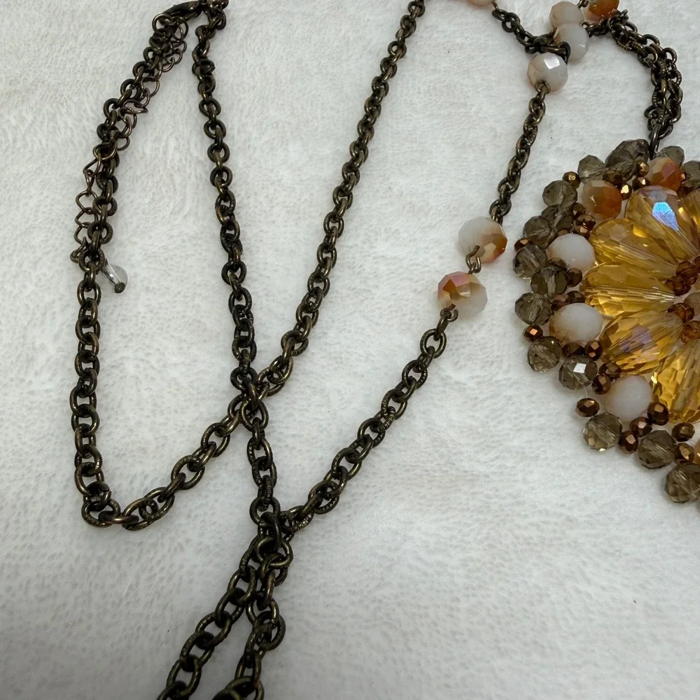 Amber Glass‎ Bead Sunburst Pendant Necklace Bronze Tone Long Boho Statement